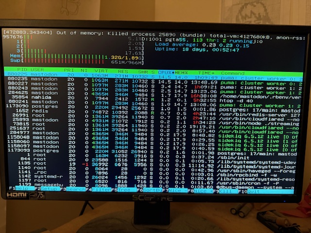 Photo of htop running on an external monitor. There is a line reading "Uptime: 18 days".