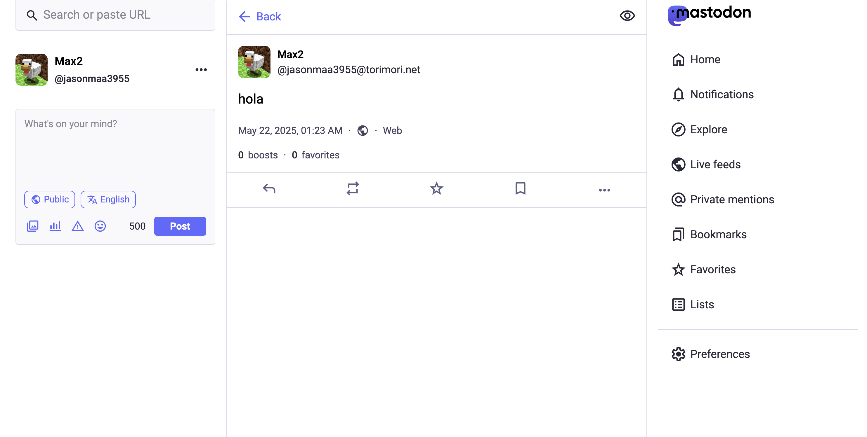 Screenshot of the Torimori mastodon. On the page is a user named "Max2" with a single post reading "hola".